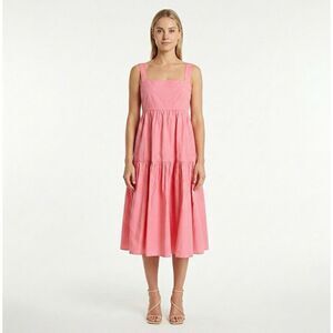 Three Graces London Cosette Midi Dress S Pink Coral Tiered Cotton Square Neck